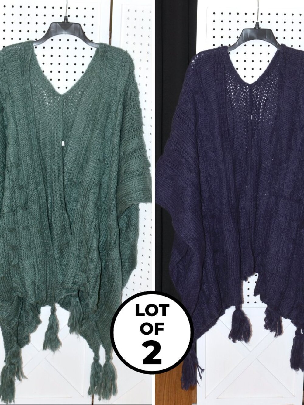 Lot of 2! Ribbed Knit Tassel Shawls - Forest Green & Dark Purple - Ruana Wraps